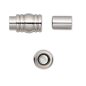 Clasp, magnetic barrel, stainless steel, 16x10mm ribbed with glue-in ends, 6mm inside diameter. Sold individually.