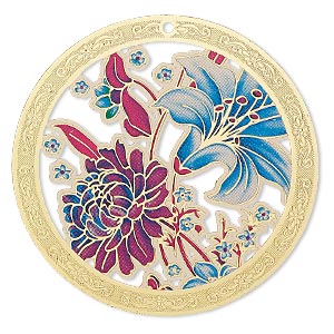 Focal, Lazer Lace&#153;, color film and gold-finished brass, multicolored, 45mm single-sided round with cutouts and floral design. Sold per pkg of 2.