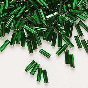 Bugle bead, Preciosa Ornela, Czech glass, transparent silver-lined medium green, 1/4 inch with square hole. Sold per 500-gram pkg.