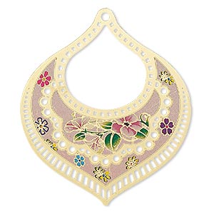 Focal, Lazer Lace&#153;, color film and gold-finished brass, multicolored, 50x46mm single-sided fancy teardrop with cutouts and floral design. Sold per pkg of 20.