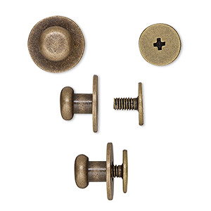 Clasp, twist-in rivet, antique brass-plated brass, 12x9mm with 7mm flat round and 3mm shank. Sold per pkg of (2) 2-piece sets.
