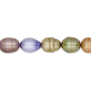 Pearl, cultured freshwater (bleached / dyed), multicolored, 9-10mm rice, D grade, Mohs hardness 2-1/2 to 4. Sold per 18-inch strand.
