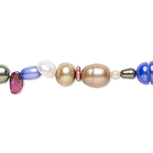 Pearl, cultured freshwater (bleached / dyed), multicolored, 3mm-22x14mm center- and top-drilled multi-shape, Mohs hardness 2-1/2 to 4. Sold per 20-inch strand.