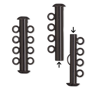 Clasp, 4-strand slide lock, electro-coated brass, black, 26x6mm tube. Sold per pkg of 2.