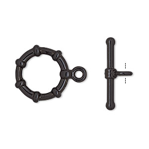 Clasp, toggle, electro-coated &quot;pewter&quot; (zinc-based alloy), black, 12mm beaded round. Sold per pkg of 2.
