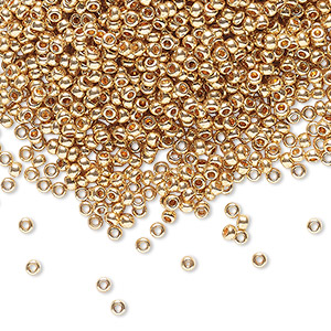 Seed bead, Miyuki, glass, opaque matte 24Kt gold-plated (RR191F), #8  rocaille. Sold per 4-gram pkg. - Fire Mountain Gems and Beads
