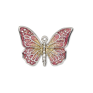 Charm, enamel and imitation rhodium-plated &quot;pewter&quot; (zinc-based alloy), pink and yellow with glitter, 26x19mm single-sided butterfly. Sold individually.