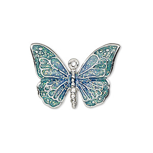 Charm, enamel and imitation rhodium-plated &quot;pewter&quot; (zinc-based alloy), blue and green with glitter, 26x19mm single-sided butterfly. Sold individually.