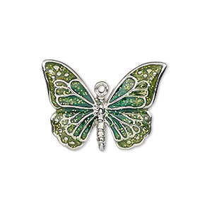 Charm, enamel and imitation rhodium-plated &quot;pewter&quot; (zinc-based alloy), green and light green with glitter, 26x19mm single-sided butterfly. Sold individually.
