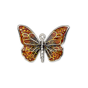 Charm, enamel and imitation rhodium-plated &quot;pewter&quot; (zinc-based alloy), orange and black with glitter, 26x19mm single-sided butterfly. Sold individually.