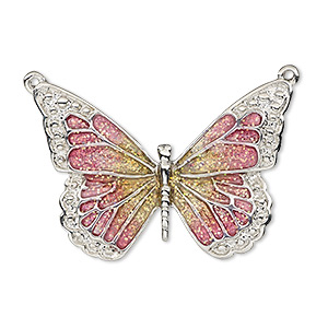 Focal, enamel and imitation rhodium-plated &quot;pewter&quot; (zinc-based alloy), pink and yellow with glitter, 35x25mm single-sided butterfly. Sold individually.