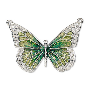 Focal, enamel and imitation rhodium-plated &quot;pewter&quot; (zinc-based alloy), green and light green with glitter, 35x25mm single-sided butterfly. Sold individually.