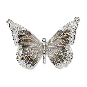Focal, enamel and imitation rhodium-plated &quot;pewter&quot; (zinc-based alloy), black and clear with glitter, 35x25mm single-sided butterfly. Sold individually.
