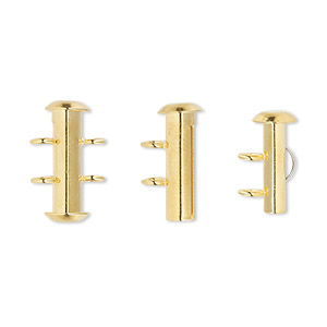 Clasp, 2-strand slide lock, gold-plated brass, 16x6mm round tube. Sold per pkg of 4.