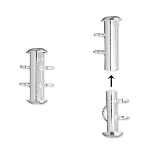 Clasp, 2-strand slide lock, silver-plated brass, 16x6mm round tube. Sold per pkg of 4.