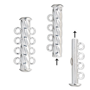Clasp, 4-strand slide lock, silver-plated brass, 26x6mm corrugated round tube. Sold per pkg of 4.