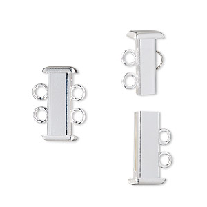 Clasp, 2-strand slide lock, silver-plated brass, 16x7mm rectangle tube. Sold per pkg of 4.