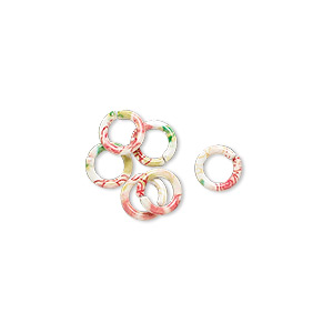Jump ring, painted steel, multicolored, 6mm round with flower and leaf pattern, 4.2mm inside diameter, 18 gauge. Sold per pkg of 6.