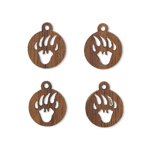 Drop, wood (natural), 11mm single-sided left- and right-facing flat round with cutout bear paw design. Sold per pkg of 4.