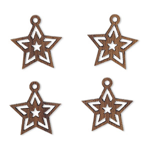Drop, wood (natural), 15x13mm single-sided star with cutout design. Sold per pkg of 4.