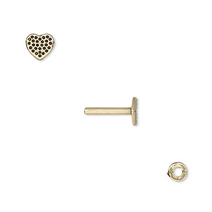 Washer and brad, antiqued brass, 4x0.7mm and 11x6mm with 6x5.5mm heart with dot design and 1.5mm post diameter. Sold per pkg of (2) 2-piece sets.