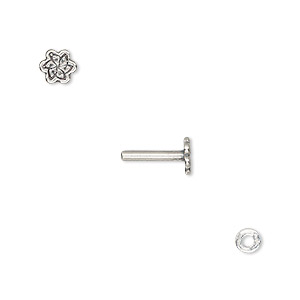 Washer and brad, antique silver-plated brass, 4x0.7mm and 11x6mm with 6x5.5mm fancy flower and 1.5mm post diameter. Sold per pkg of (2) 2-piece sets.