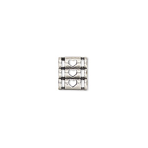 Spacer, antique silver-plated brass, 9.5x8.5mm double-sided 3-strand triple round tube with heart cutout design, fits up to 2mm bead. Sold individually.