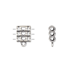 Spacer, antique silver-plated brass, 10x8.5mm double-sided 3-strand triple round tube with heart cutout design and loop, fits up to 2mm bead. Sold individually.