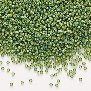 Seed bead, Miyuki, glass, translucent white-lined luster light green,  (RR3764), #15 rocaille. Sold per 35-gram pkg. - Fire Mountain Gems and Beads