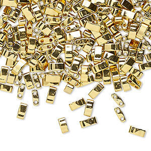Bead, Miyuki, half TILA&reg;, glass, opaque metallic 24Kt gold finish, (HTL191), 5x2.3mm rectangle with (2) 0.8mm holes, fits up to 3mm beads. Sold per 4-gram pkg.