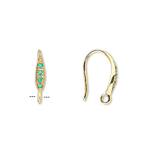 Ear wire, green onyx (dyed) and gold-finished sterling silver, 15mm fishhook with open loop, 18 gauge. Sold per pair.