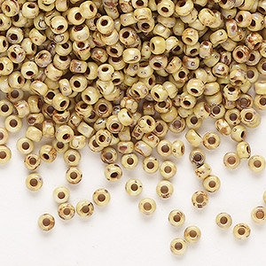 Seed bead, Miyuki, glass, opaque Picasso yellow, (RR4512), #8 rocaille. Sold per 50-gram pkg.