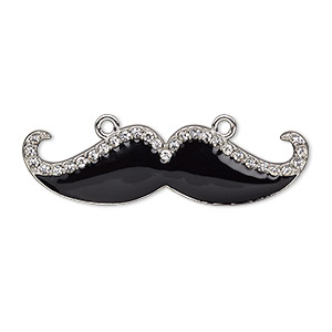 Focal, enamel / glass rhinestone / silver-finished &quot;pewter&quot; (zinc-based alloy), black and clear, 50x14mm single-sided mustache. Sold individually.