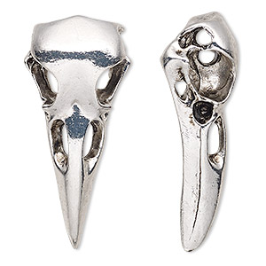 Focal, antique silver-finished &quot;pewter&quot; (zinc-based alloy), 41x18mm double-sided 3D raven skull. Sold per pkg of 2.