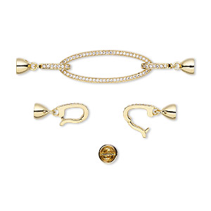 Clasp, double latch fold-over, cubic zirconia and gold-plated brass, clear, 2-3/4 x 1/2 inch open oval with 5mm inside diameter. Sold individually.