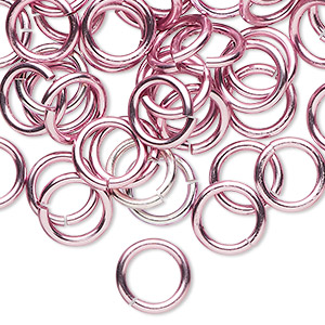 Jump ring, anodized tempered aluminum, pink, 10mm round, 7.2mm inside diameter, 15 gauge. Sold per pkg of 100.