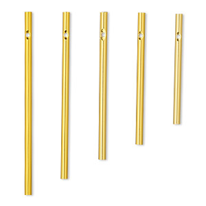 Wind chime component, anodized aluminum, gold, 3 x 1/5 to 5 x 1/5 inch solid rod with 2.5mm beveled hole. Sold per 5-piece set.