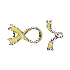 Clasp, toggle, enamel and silver-plated pewter (tin-based alloy), yellow, 23.5x14.5mm single-sided awareness ribbon. Sold individually.
