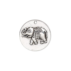 Drop, antique silver-plated &quot;pewter&quot; (zinc-based alloy), 21mm single-sided round with elephant. Sold per pkg of 10.