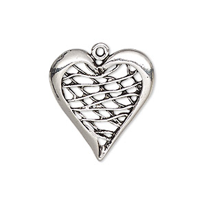 Charm, antique silver-plated &quot;pewter&quot; (zinc-based alloy), 26x24mm single-sided heart with lines. Sold per pkg of 4.