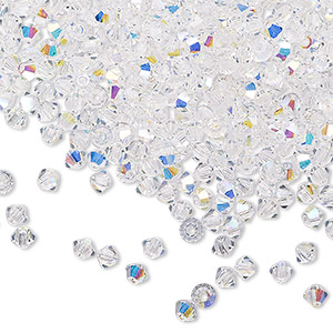 Bead, Preciosa Czech crystal, crystal AB, 3mm faceted bicone. Sold per pkg of 48.