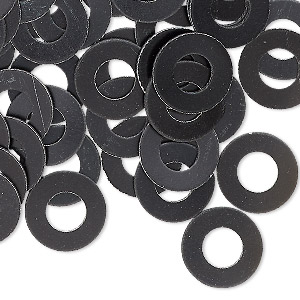Washer, anodized aluminum, black, 13mm double-sided flat round blank with 6mm hole, 20 gauge. Sold per pkg of 100.