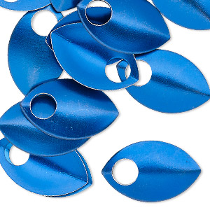 Component, anodized aluminum, blue, 22x14mm double-sided curved scale blank with 5mm hole, 20 gauge. Sold per pkg of 20.