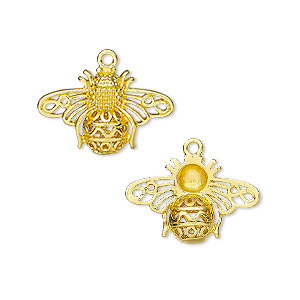 Charm, gold-finished brass, 21x14mm single-sided bee. Sold individually.