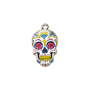 Charm, resin and antique silver-plated &quot;pewter&quot; (zinc-based alloy), multicolored, 19x13mm single-sided Dia de los Muertos skull with flower and diamond design. Sold individually.