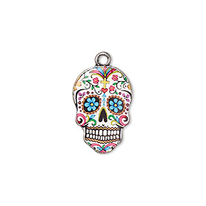 Charm, resin and antique silver-plated &quot;pewter&quot; (zinc-based alloy), multicolored, 19x13mm single-sided Dia de los Muertos skull with flower and diamond design. Sold individually.