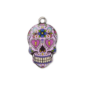 Charm, resin and antique silver-plated &quot;pewter&quot; (zinc-based alloy), multicolored, 19x13mm single-sided Dia de los Muertos skull with flower and heart design. Sold individually.