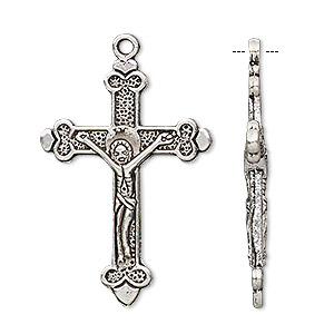 Focal, antique silver-plated &quot;pewter&quot; (zinc-based alloy), 35x24mm double-sided crucifix. Sold per pkg of 10.