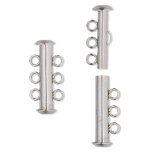 Clasp, 3-strand slide lock, stainless steel, 21x6mm tube. Sold per pkg of 4.