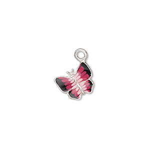 Charm, enamel and sterling silver, black / light pink / dark pink, 10x9mm single-sided butterfly. Sold individually.